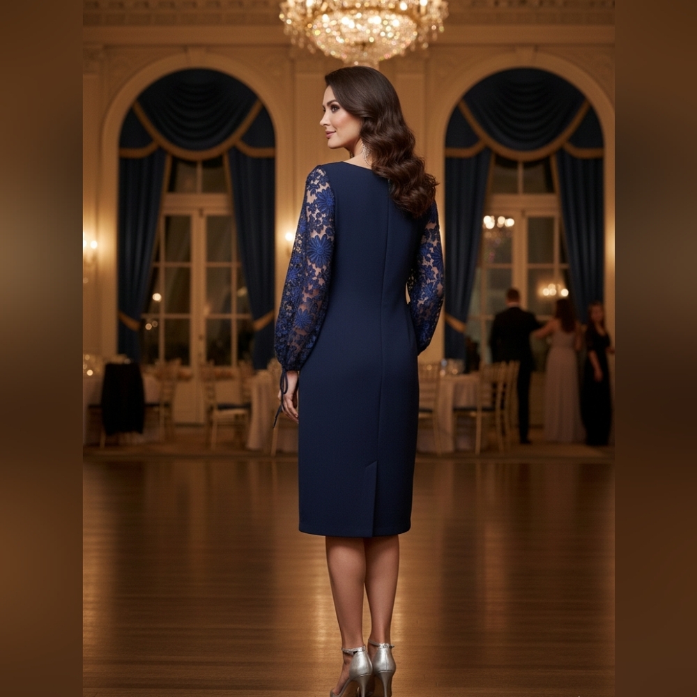 Badgley Mischka Boatneck Sheath Dress with Floral Puff Sleeves, Navy Blue Sz 14 - Picture 5 of 15
